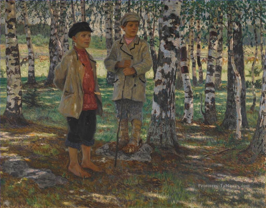 GARÇONS EN UN BOULEAU forêt Nikolay Bogdanov Belsky Peintures à l'huile